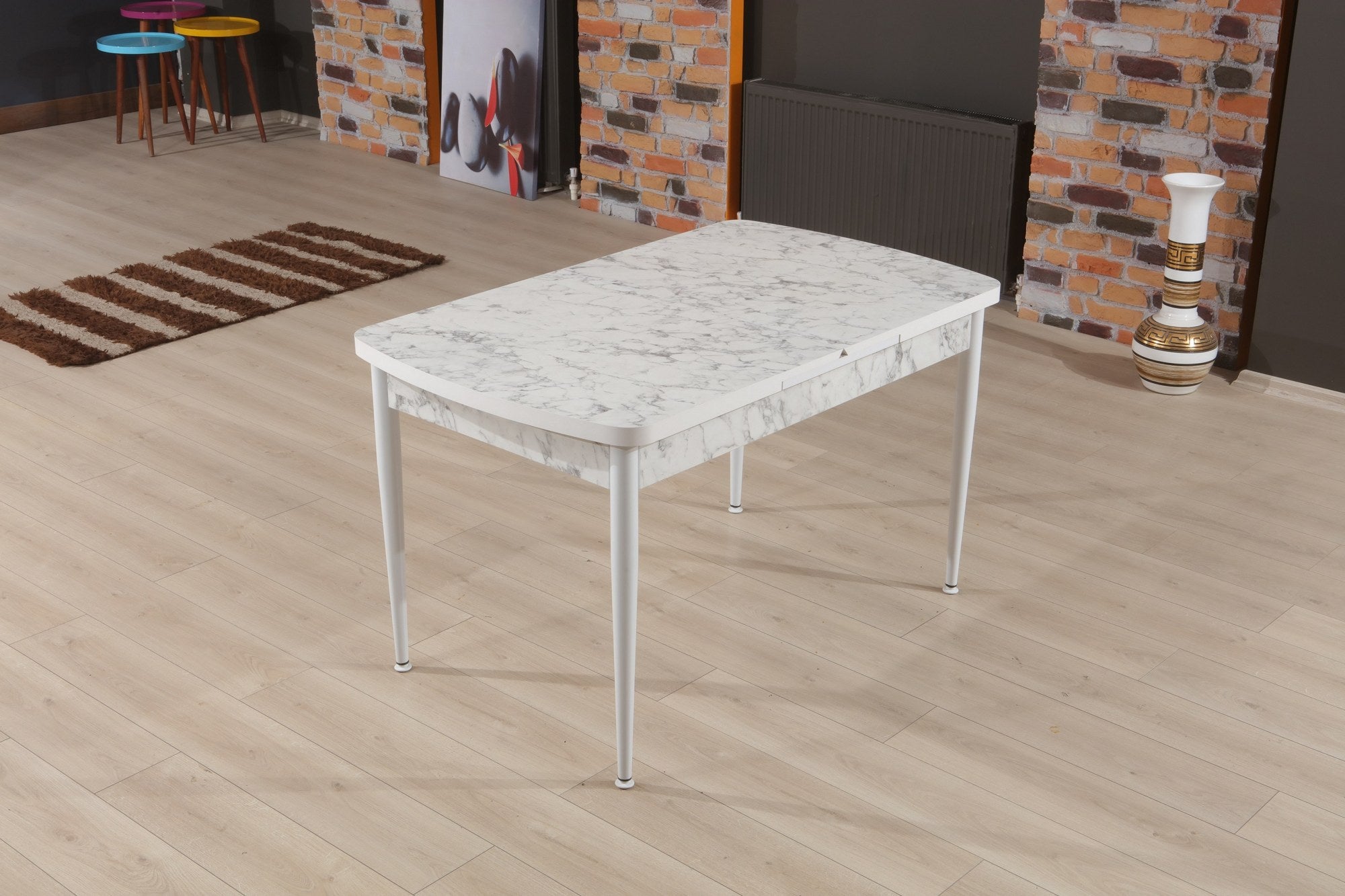 Table extensible Carrara Bois Effet marbre et Métal Gris clair