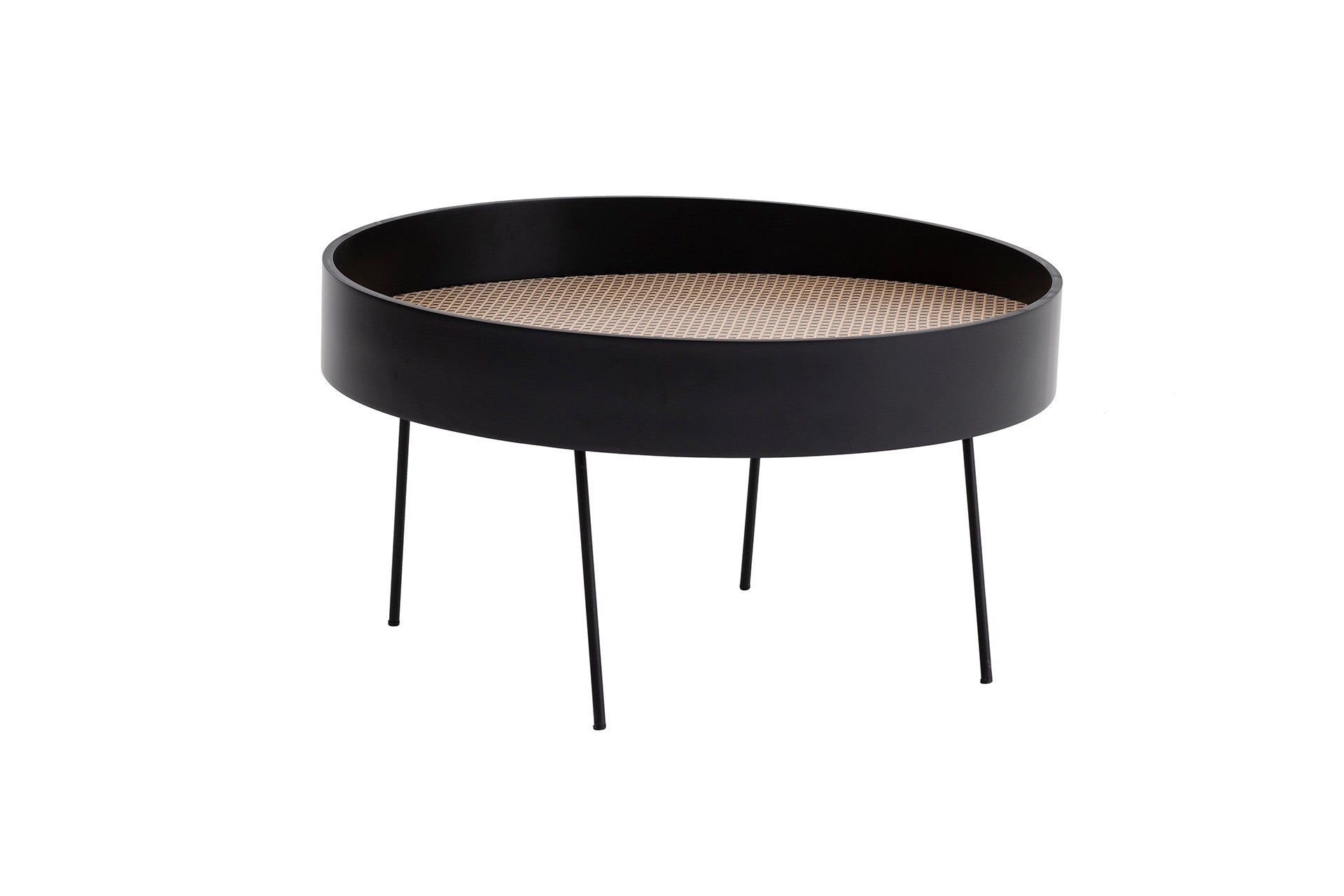 Table basse design Romad D80cm Métal Noir et Rotin clair