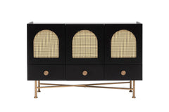 Buffet design avec cannage Kalfi L123xH63cm Bois Noir et Beige avec pieds Or