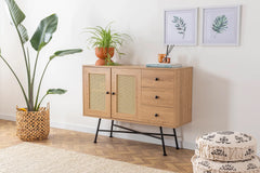 Buffet Fidole L160cm Bois clair, Cannage Beige et Métal Noir