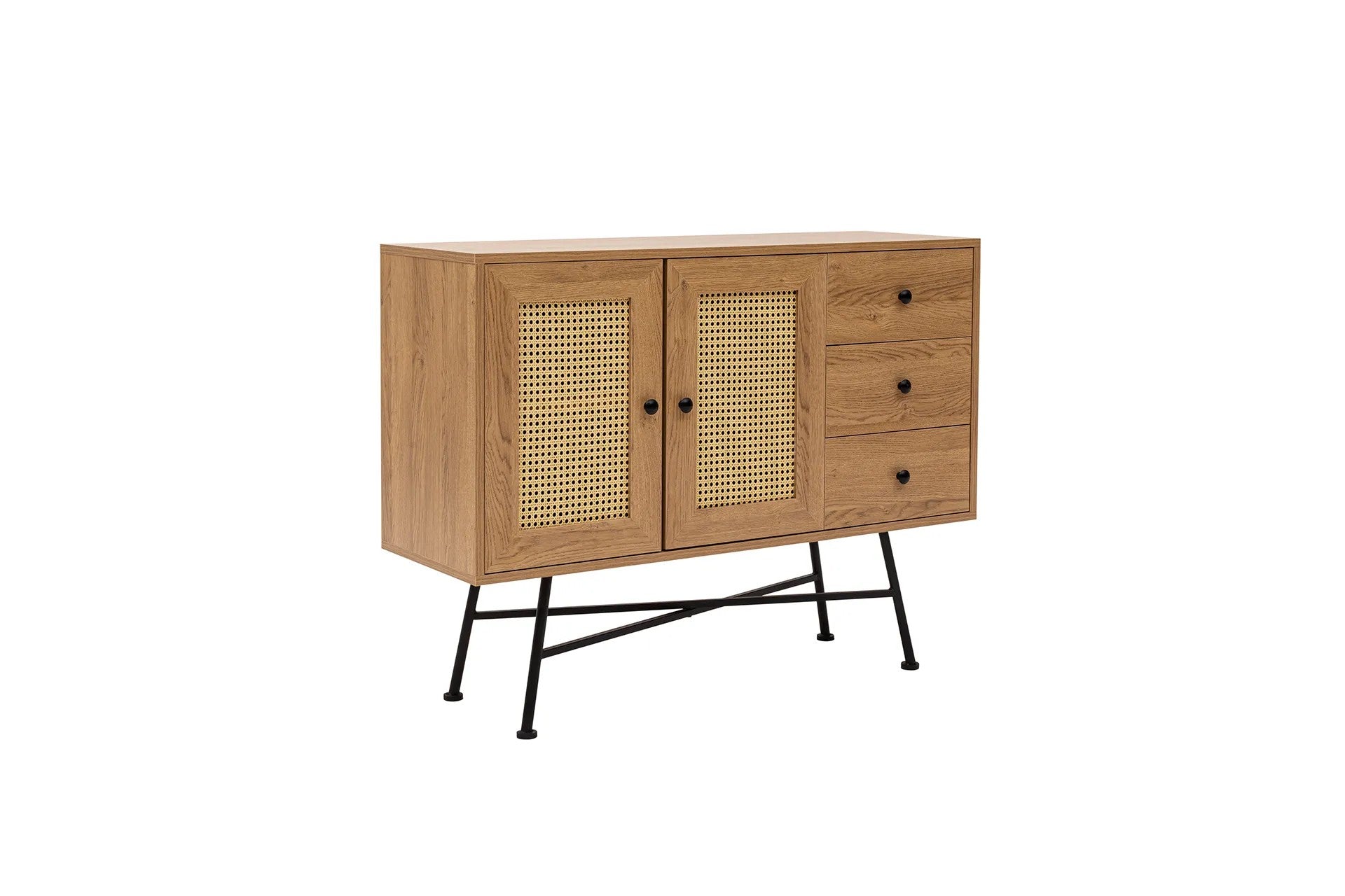 Buffet Fidole L160cm Bois clair, Cannage Beige et Métal Noir