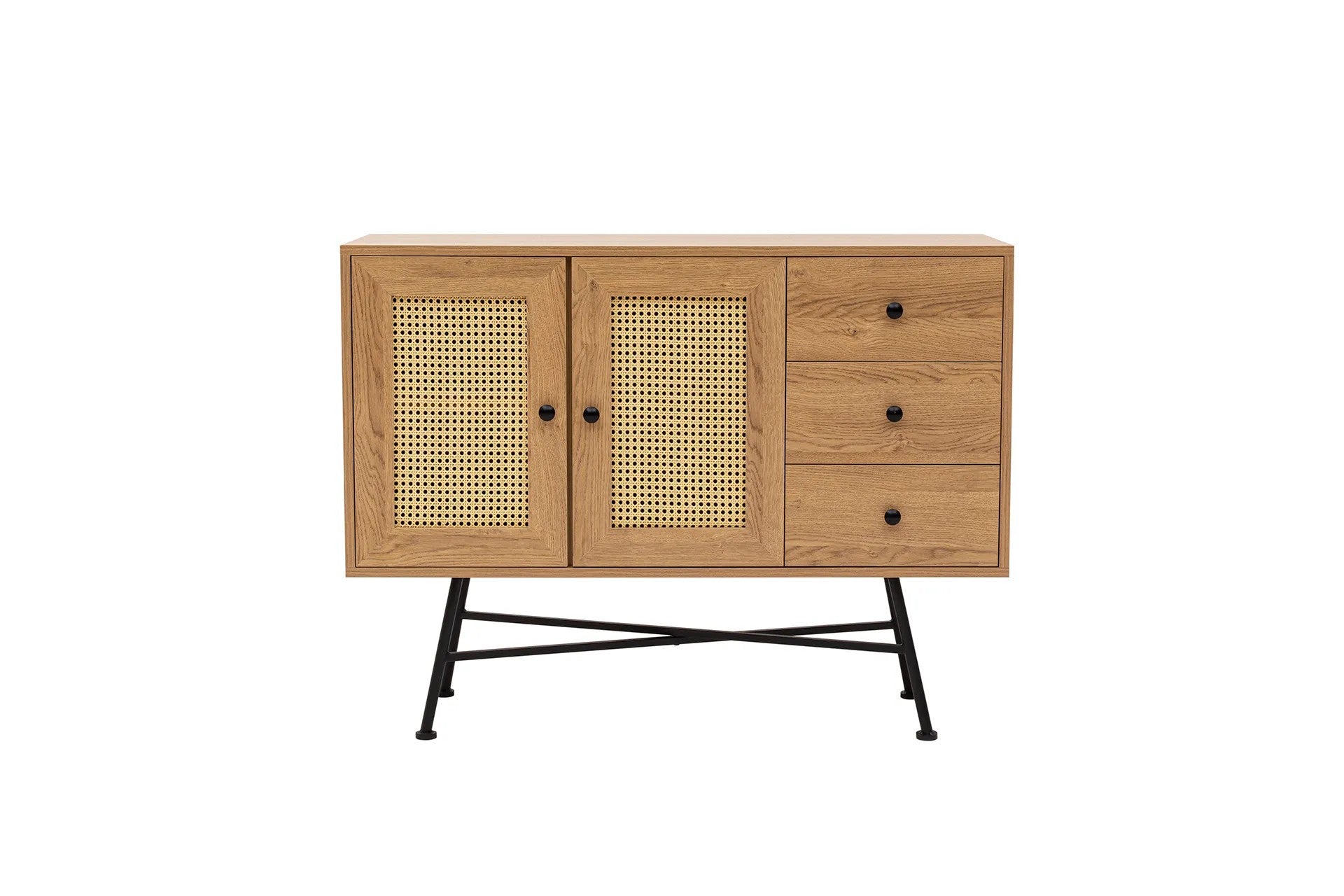 Buffet Fidole L160cm Bois clair, Cannage Beige et Métal Noir