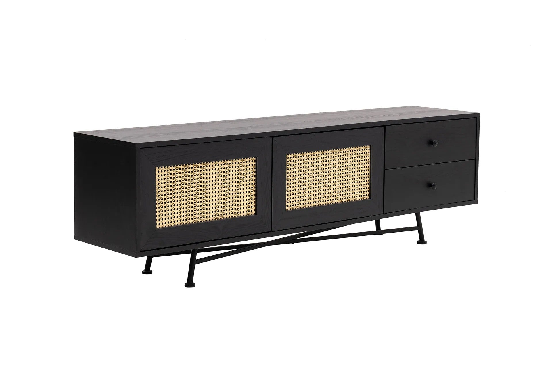 Meuble Tv Fidole L180cm Bois Noir et Cannage Beige