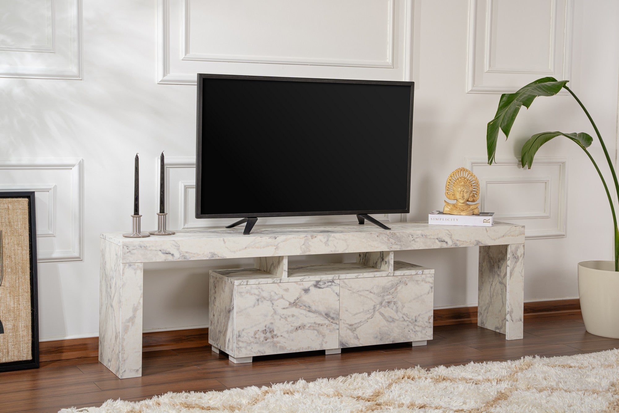 Meuble tv moderne 2 portes L180cm Diapazon Effet Marbre blanc