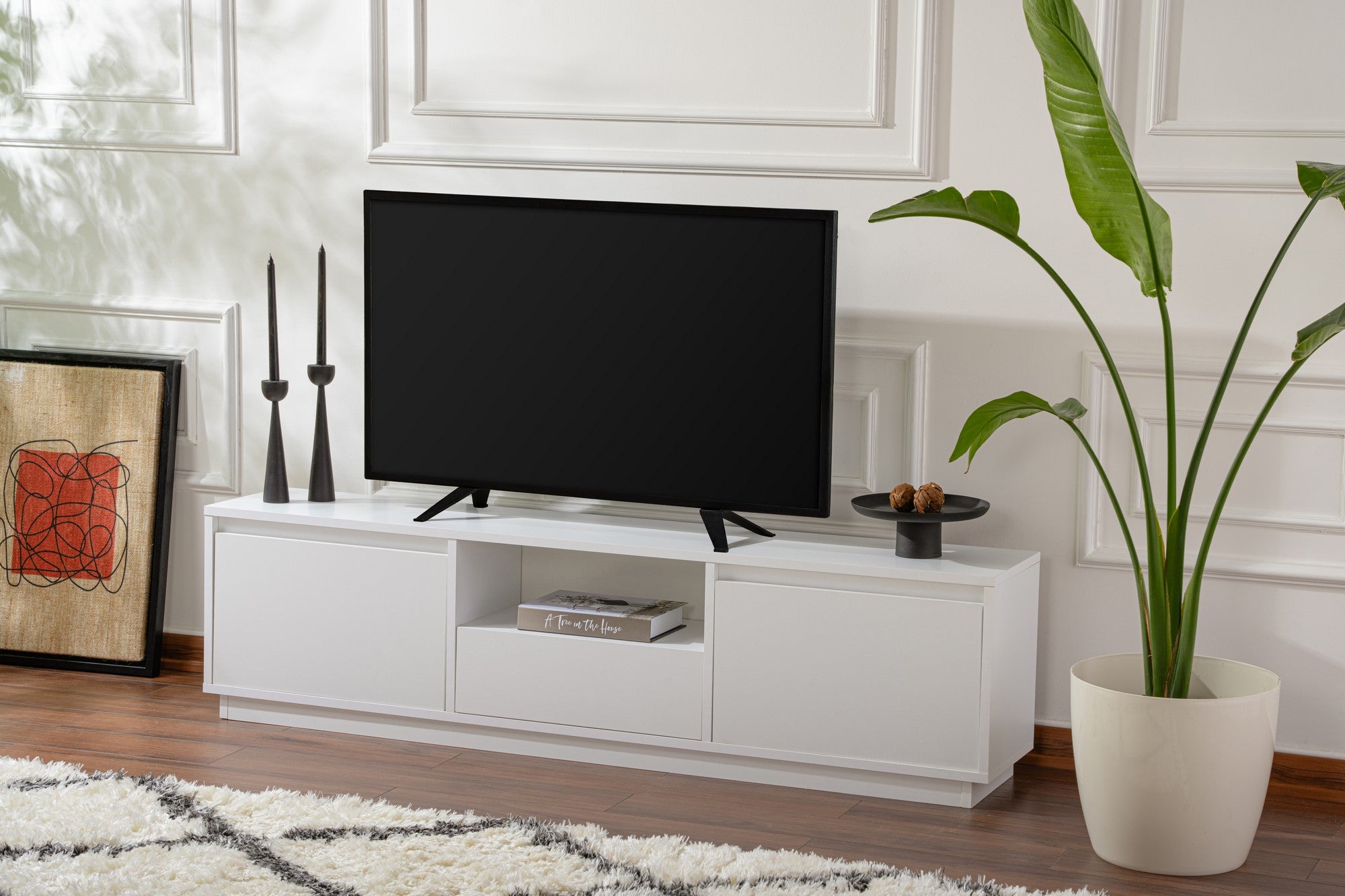 Meuble tv moderne 3 portes basculantes Diazon L160cm Blanc