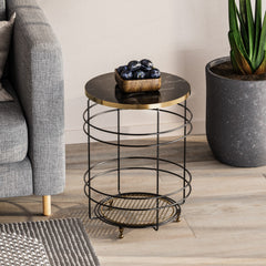 Table basse ronde Yashal D40cm Métal Noir et Bois Effet marbre Noir et Or