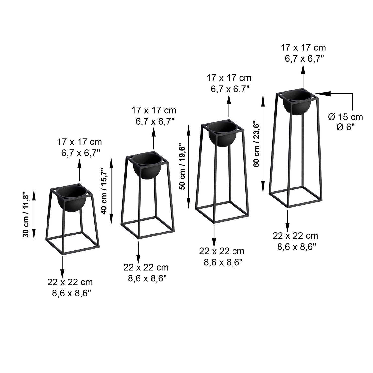 Lot de 4 cache-pots / Bougeoirs Design avec support Feliz Métal Noir