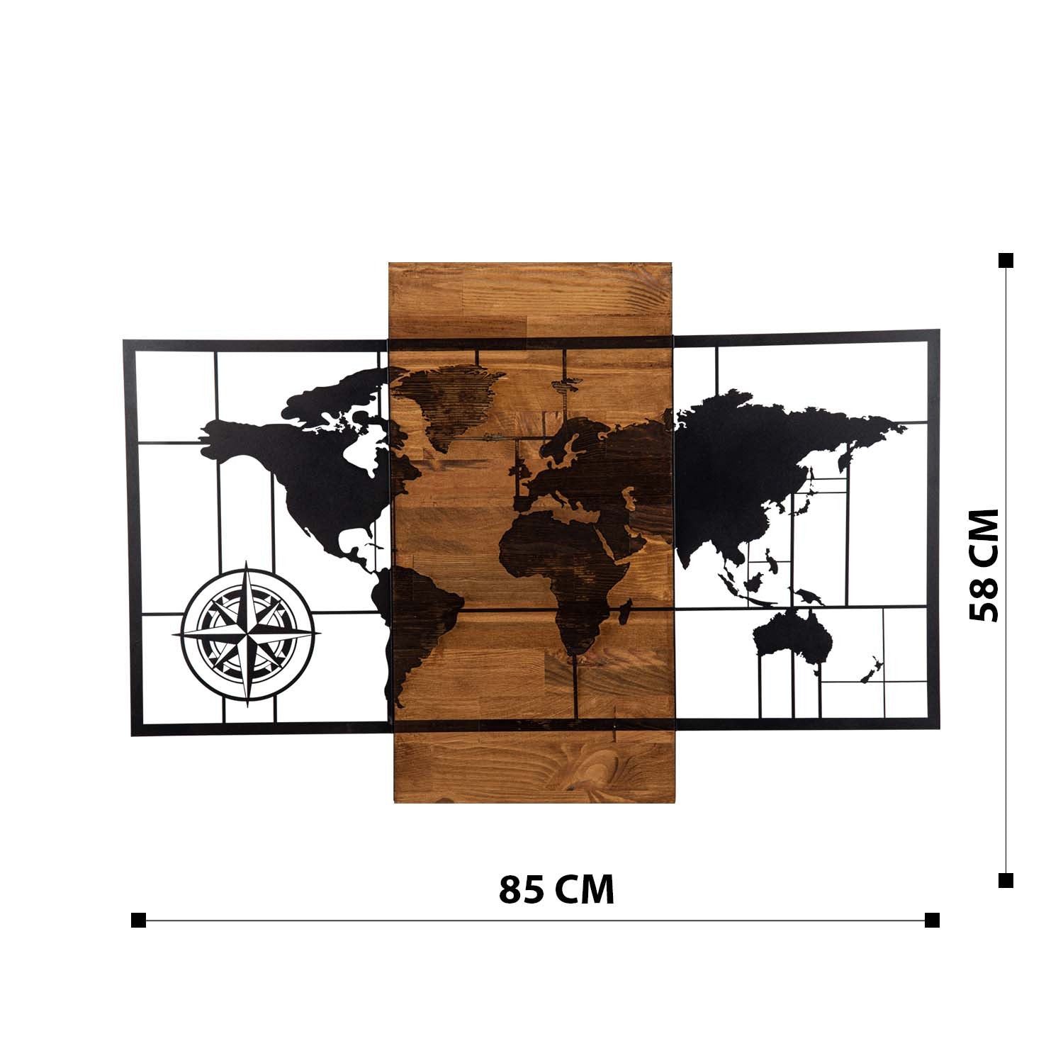 Décoration murale mappemonde points cardinaux Chyralas L85xH58cm Bois foncé et Métal Noir