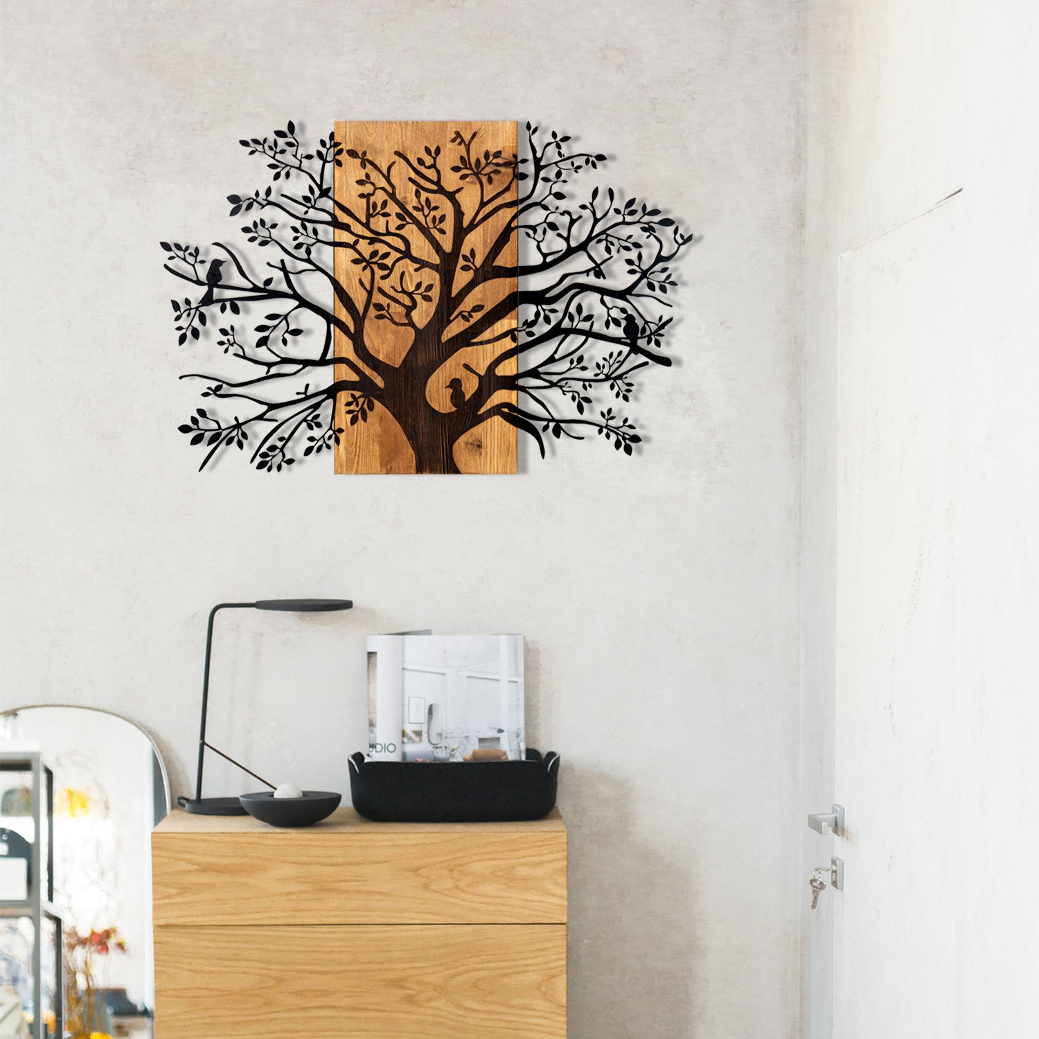 Décoration murale Chiara L85xH58cm Haut d'arbre Métal Noir et Bois foncé