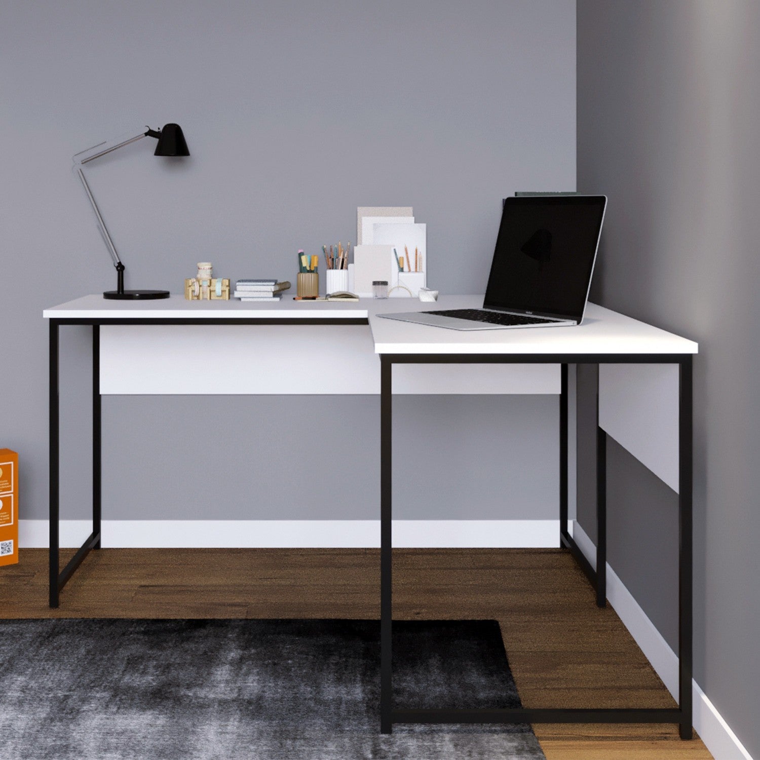 Bureau d'angle Kunter Métal Noir et Bois Blanc