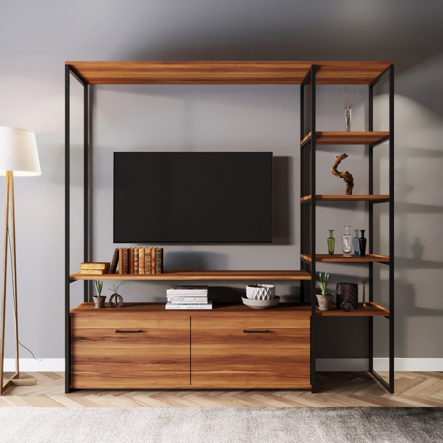 Meuble Tv avec étagère intégré style industriel Hacks L180xH180cm Bois foncé et Métal Noir