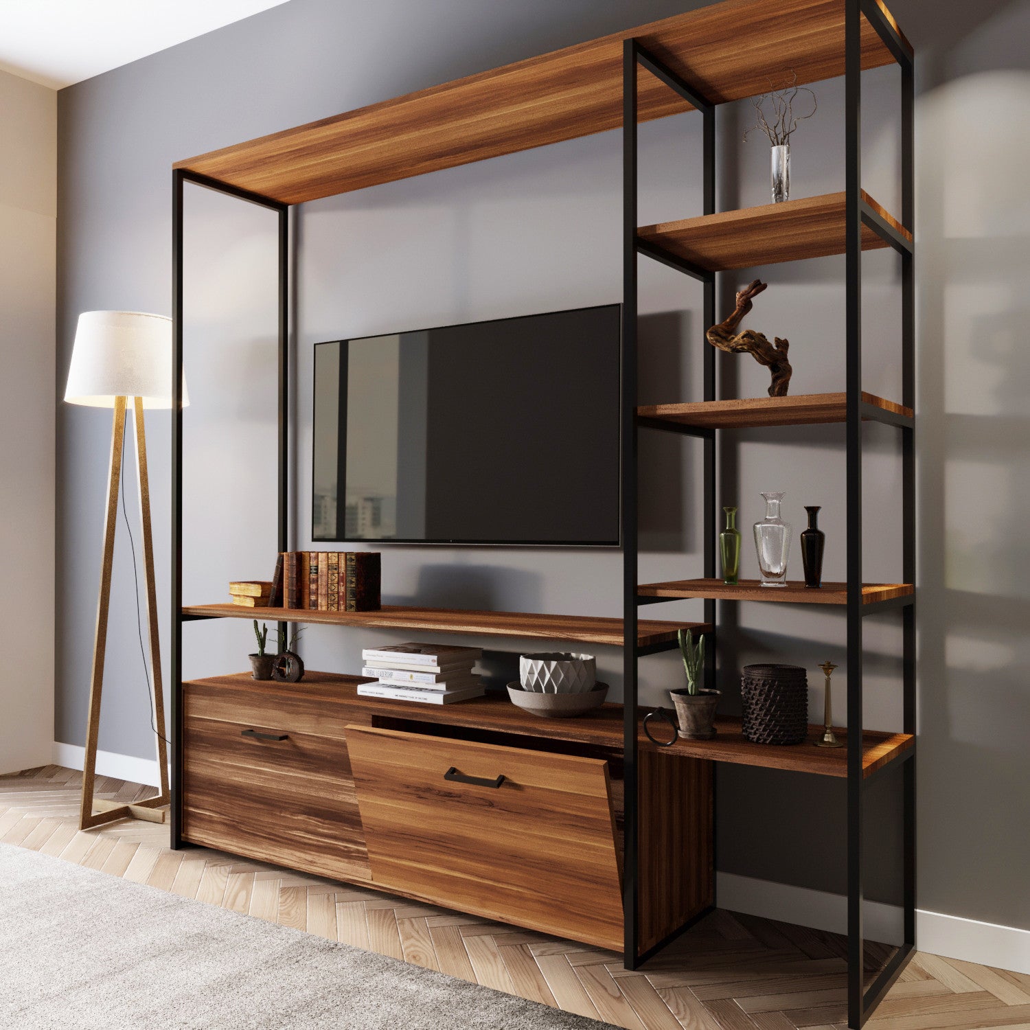 Meuble Tv avec étagère intégré style industriel Hacks L180xH180cm Bois foncé et Métal Noir