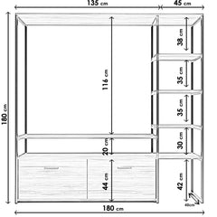 Meuble Tv avec étagère intégré style industriel Hacks L180xH180cm Bois foncé et Métal Noir