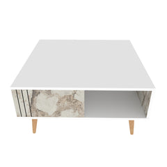 Table basse avec rangement Adia 89x89cm Bois Blanc et Effet marbre Blanc