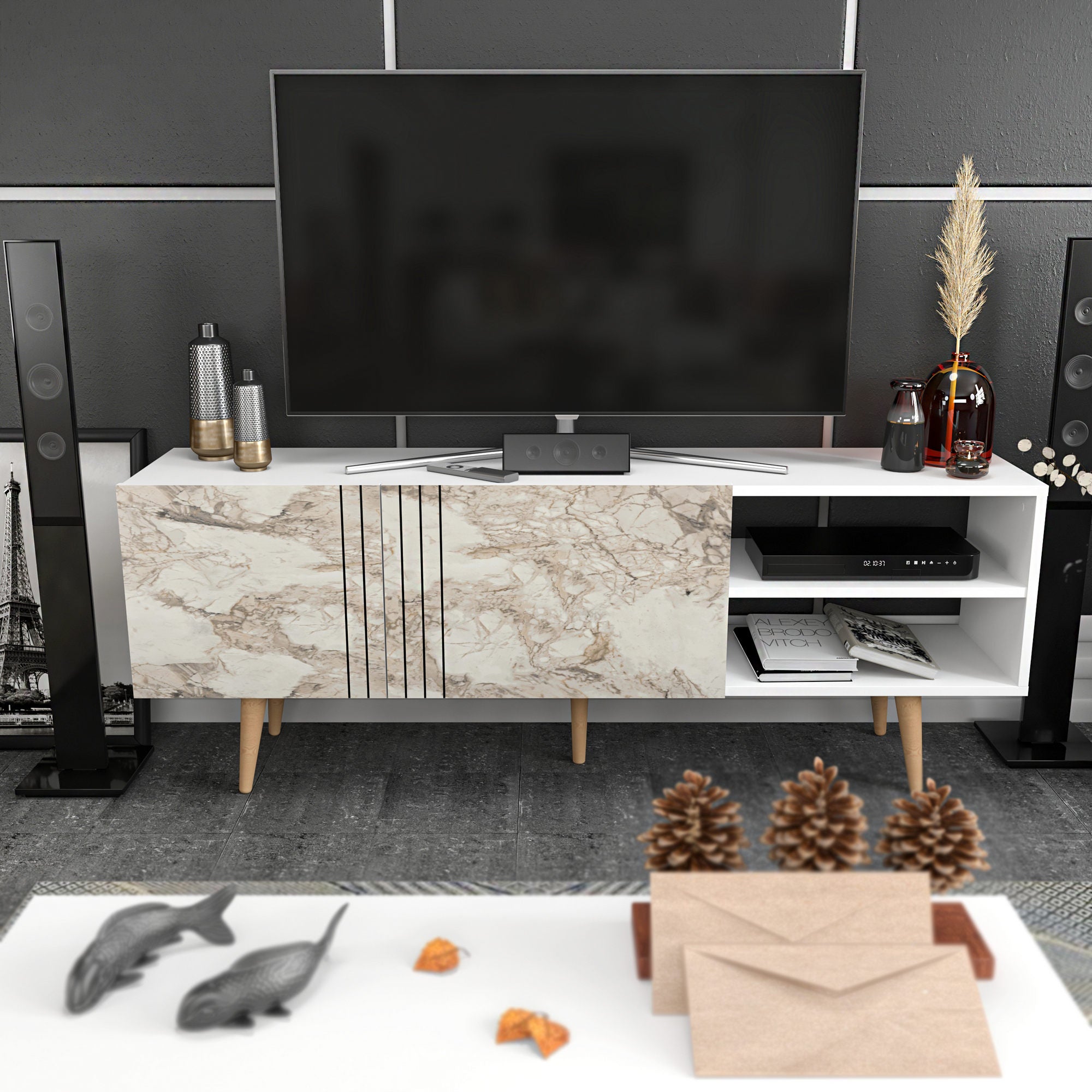 Meuble Tv style scandinave Adia L160cm Blanc et Effet marbre Blanc