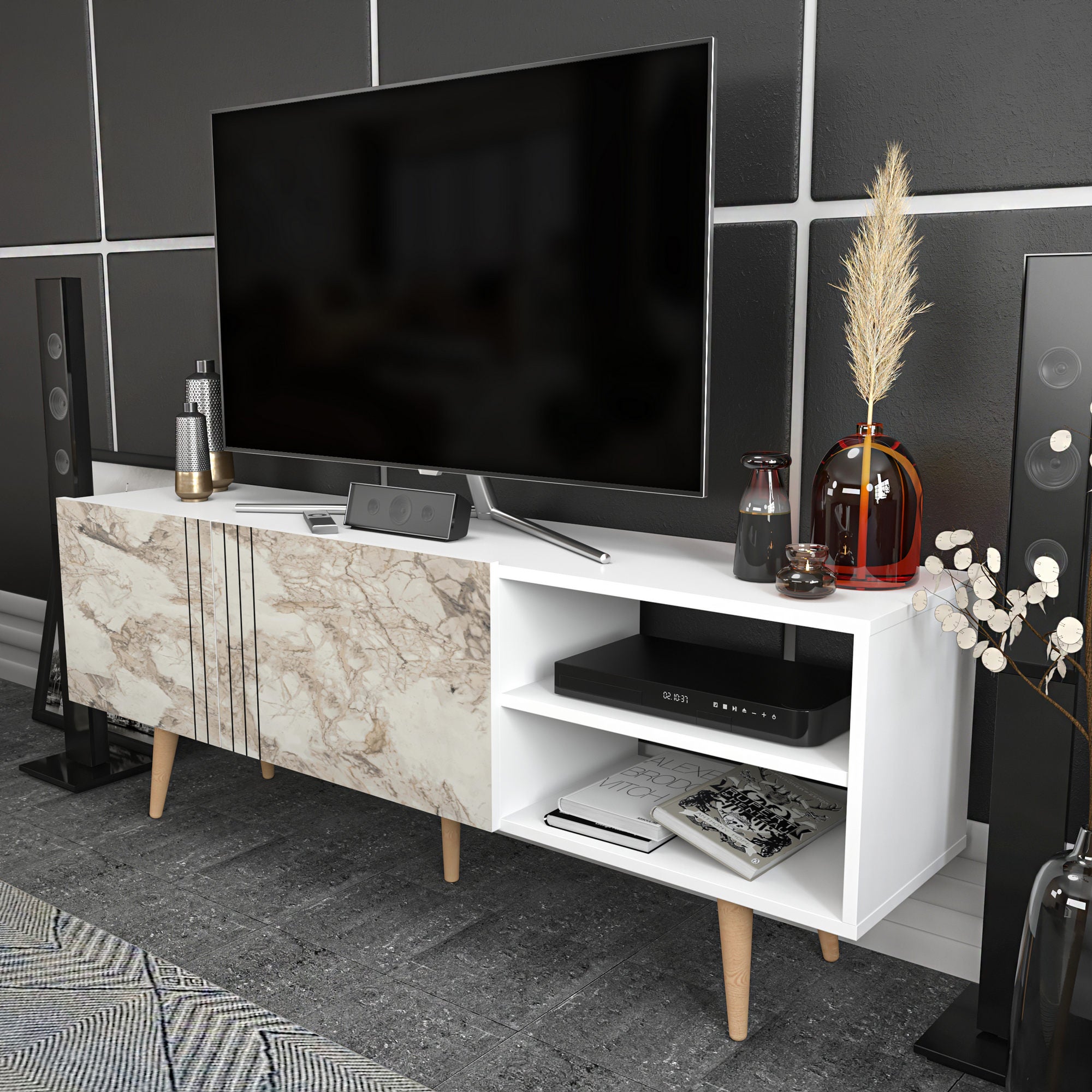 Meuble Tv style scandinave Adia L160cm Blanc et Effet marbre Blanc