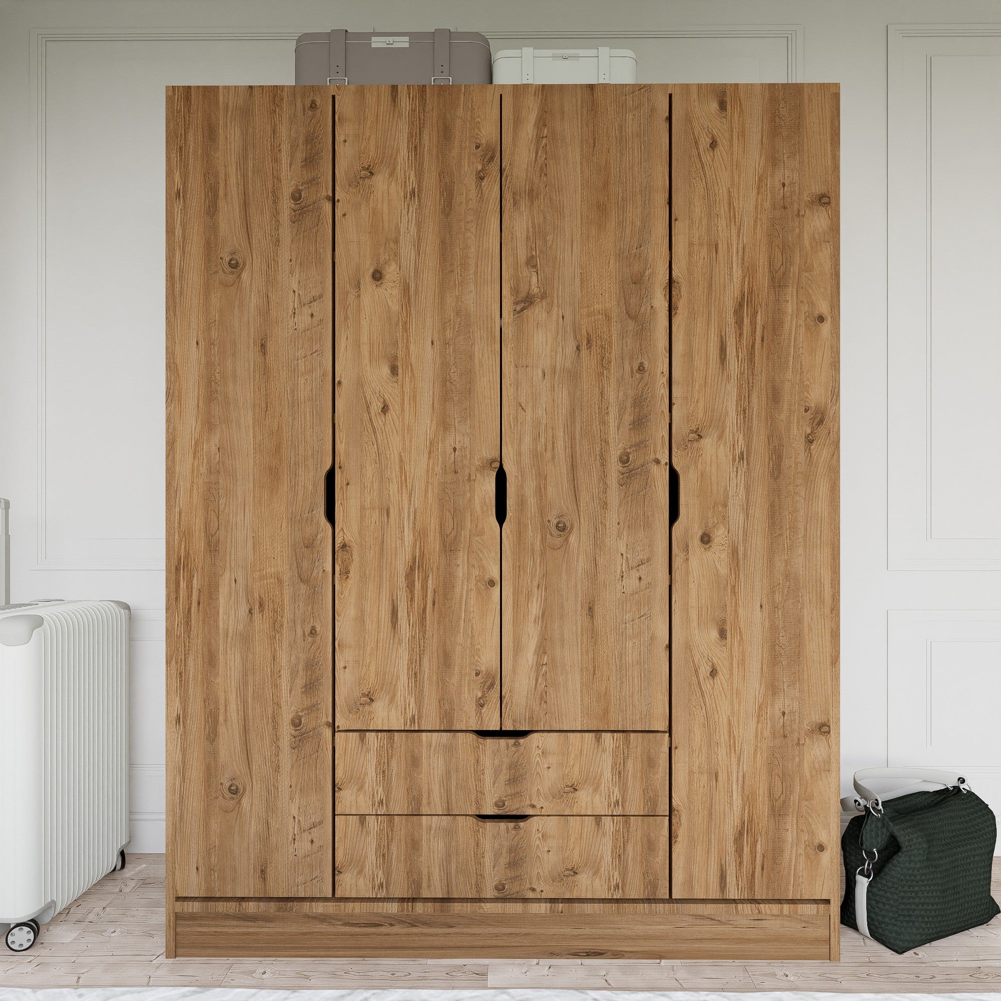 Armoire 4 portes et 2 tiroirs Linuza L140cm avec 1 tringle Bois Naturel