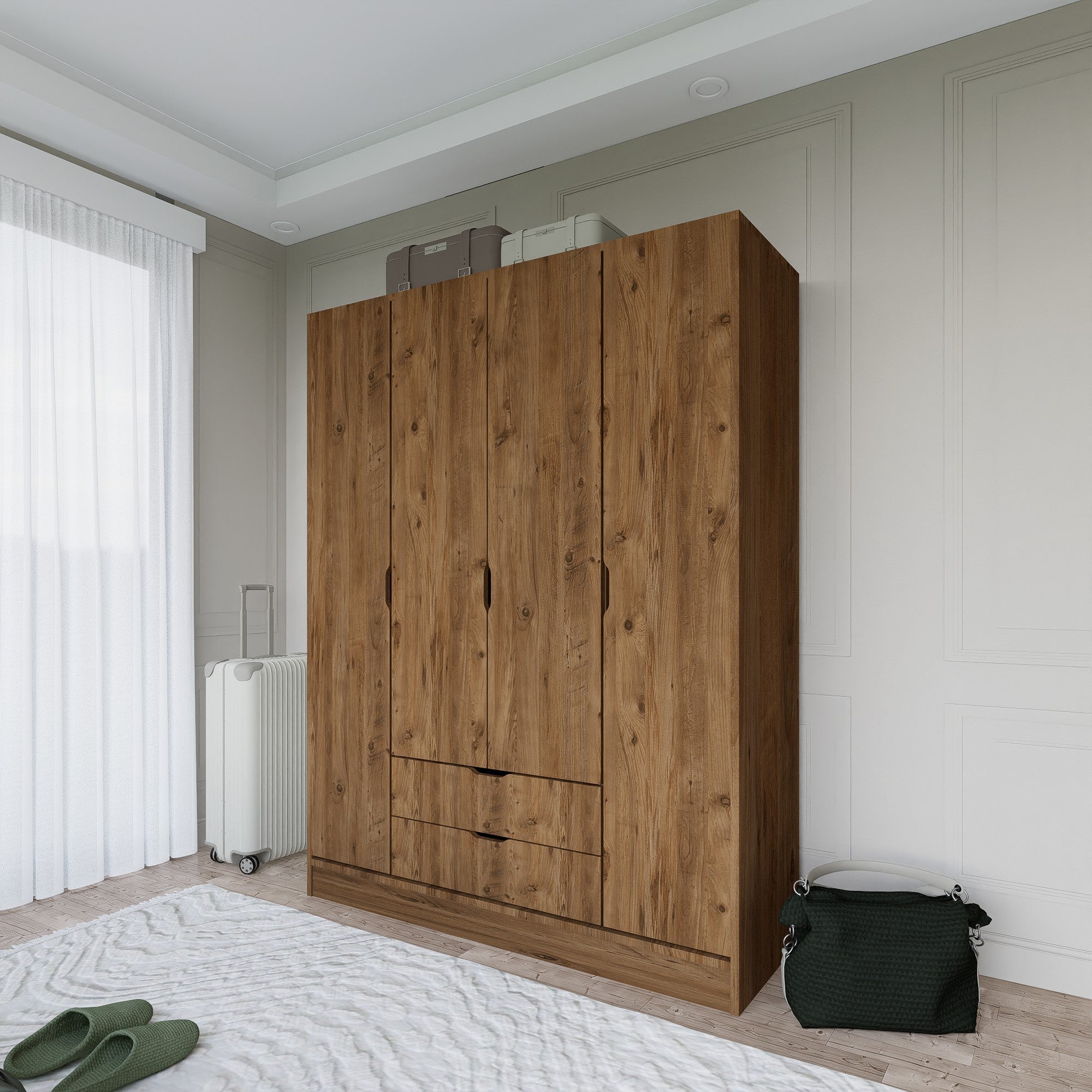 Armoire 4 portes et 2 tiroirs Linuza L140cm avec 1 tringle Bois Naturel