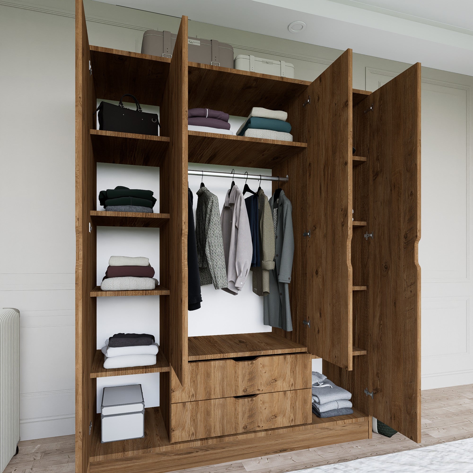 Armoire 4 portes et 2 tiroirs Linuza L140cm avec 1 tringle Bois Naturel