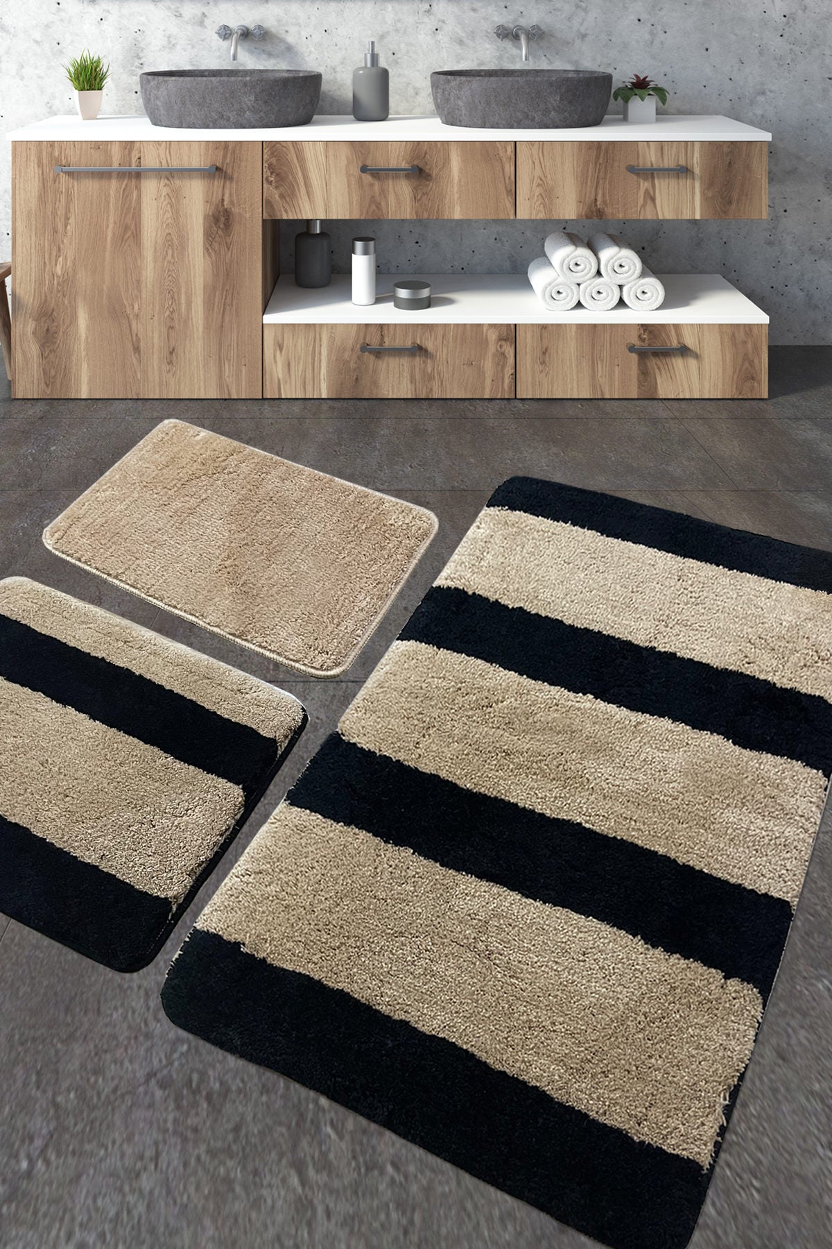 Set de 3 tapis de salle de bain Vantal Motif Rayures Marron et Noir