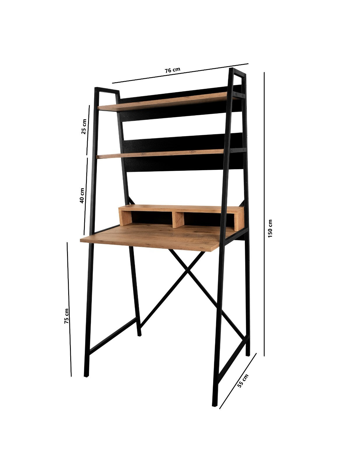 Bureau aves étagères style industriel Rmina L76cm Bois foncé et Métal Noir