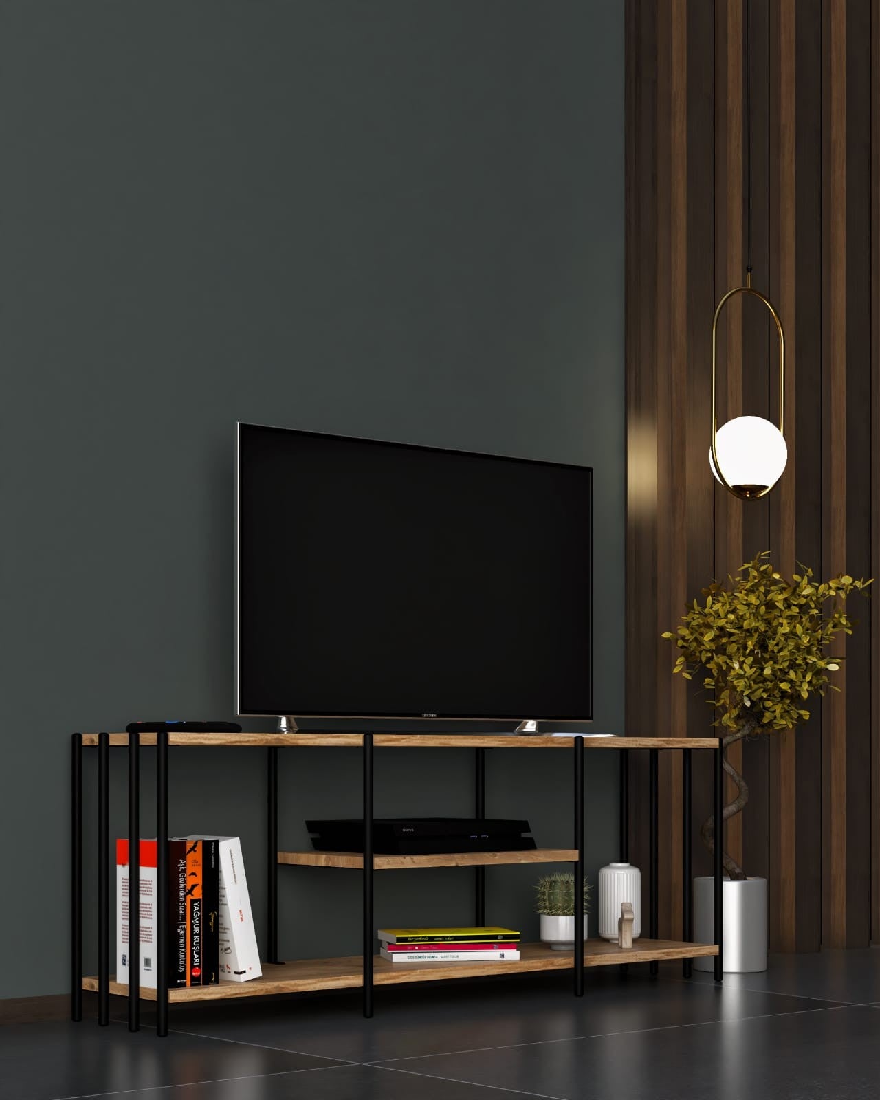 Meuble TV Style industriel Nadar L124cm Bois foncé et Métal Noir