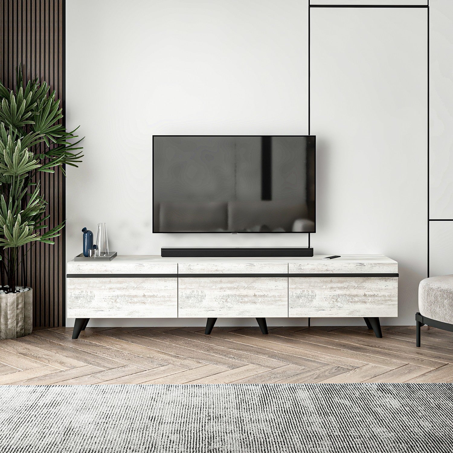 Meuble TV Brazos 180cm Bois Noir et Blanc vieilli