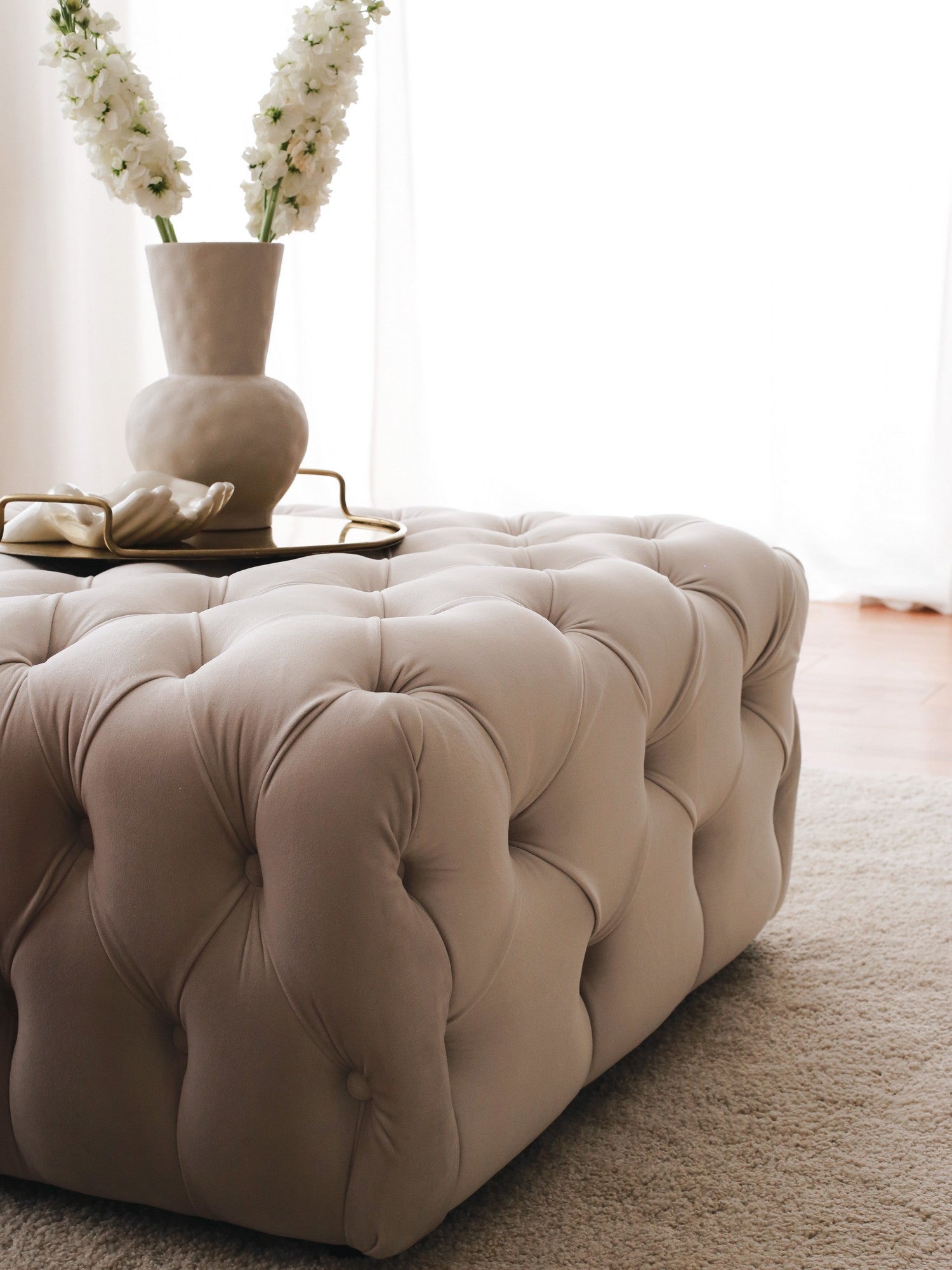 Pouf capitonné Cerni 80x40cm Velours Blanc crème