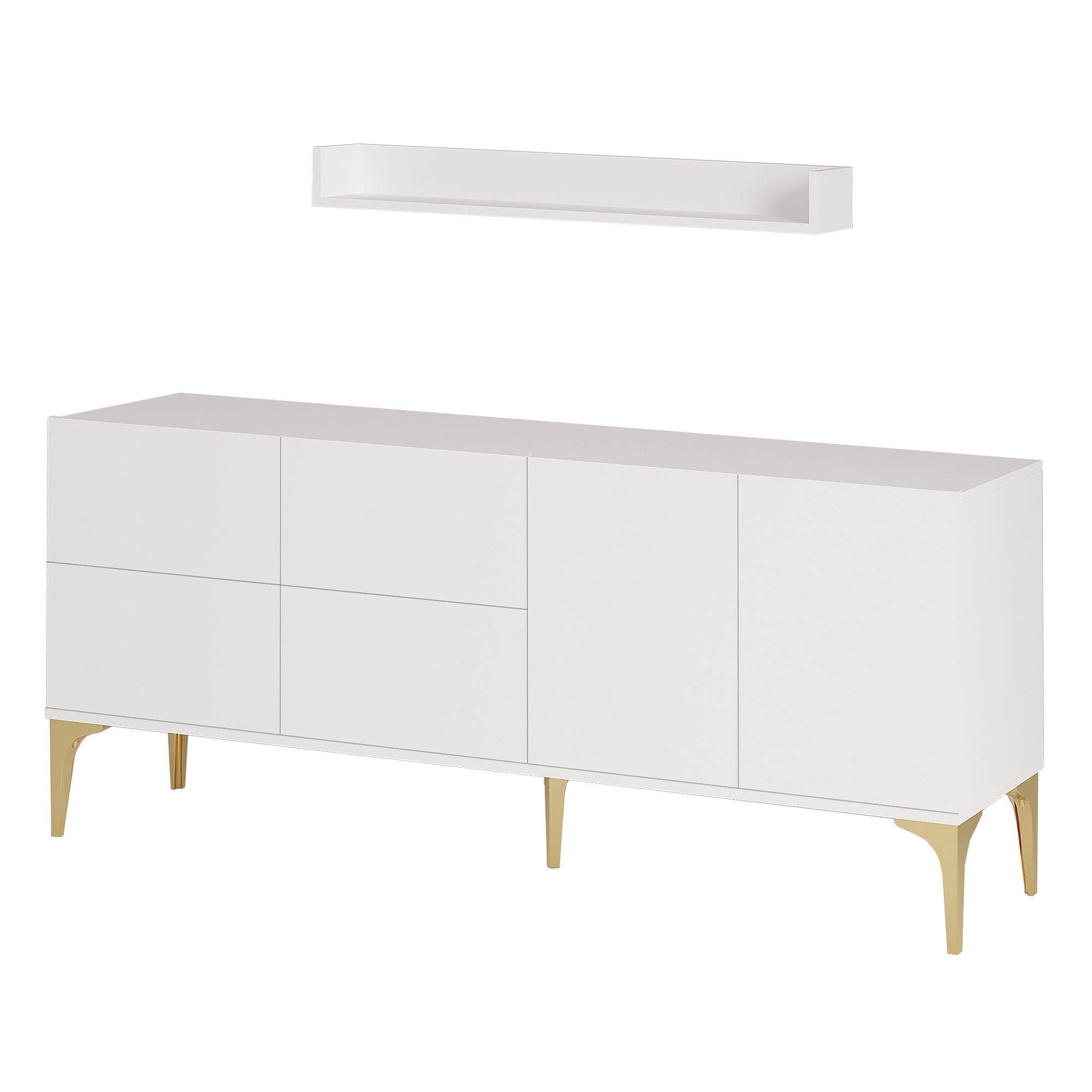 Ensemble buffet 6 portes avec étagère murale Celino Blanc Or