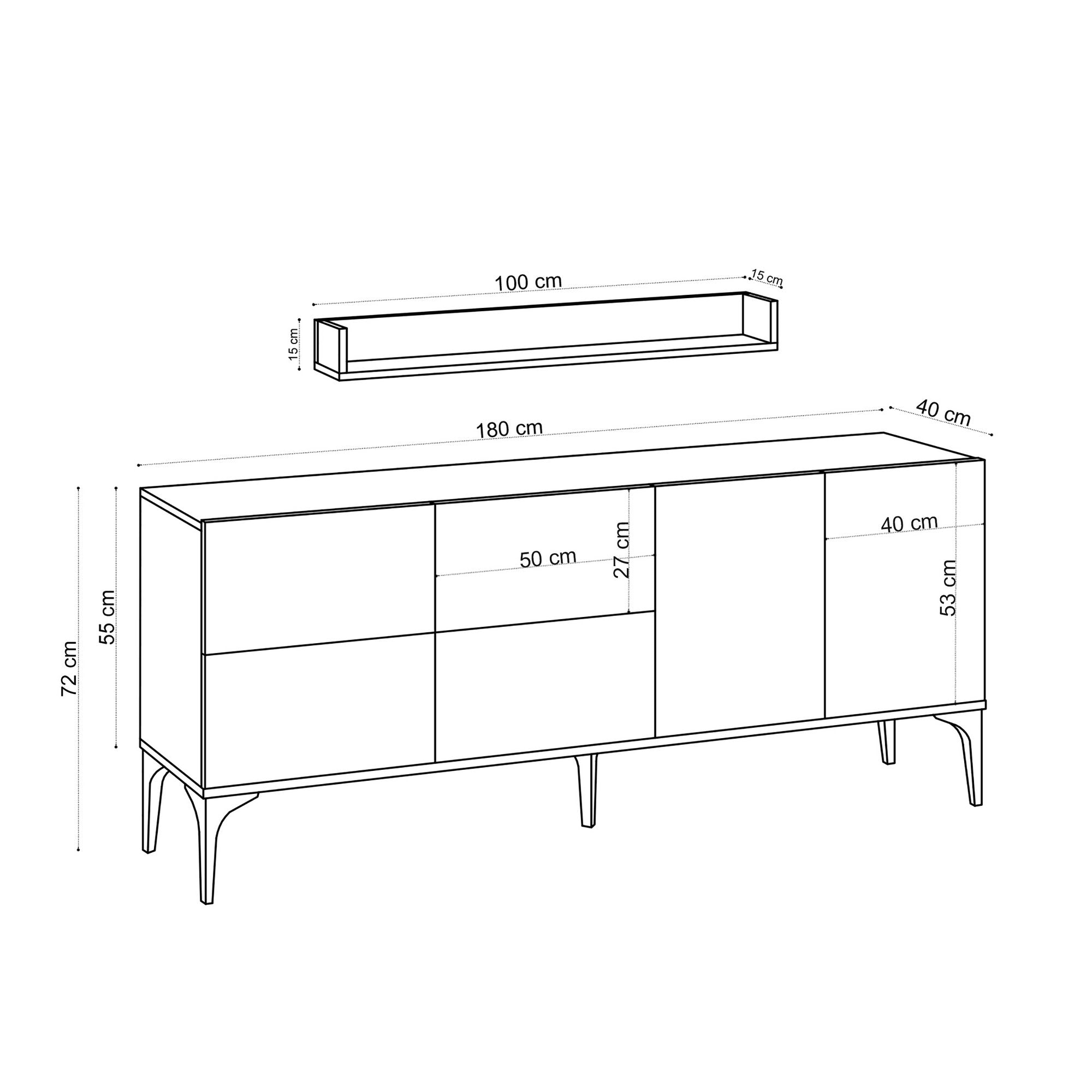 Ensemble buffet 6 portes avec étagère murale Celino Blanc Or