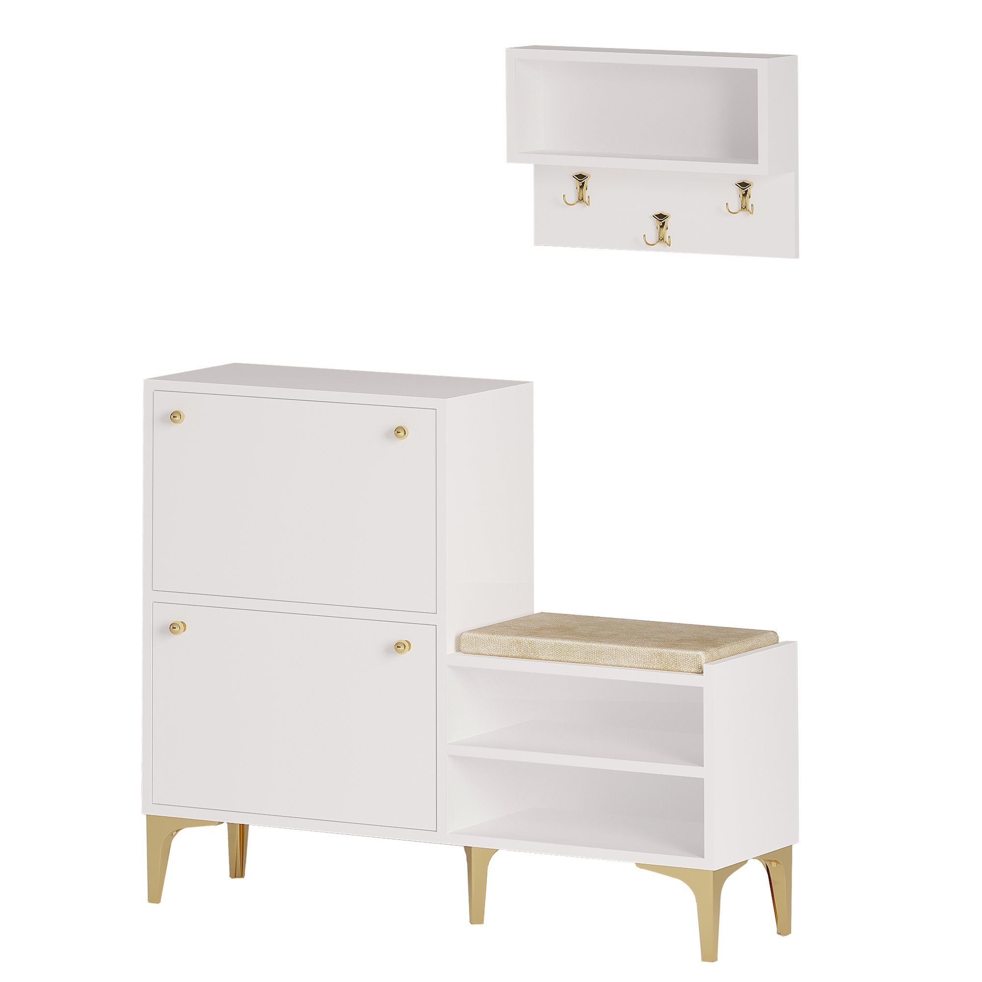 Ensemble de meuble à chaussures et étagère murale Celina L110cm Blanc Or