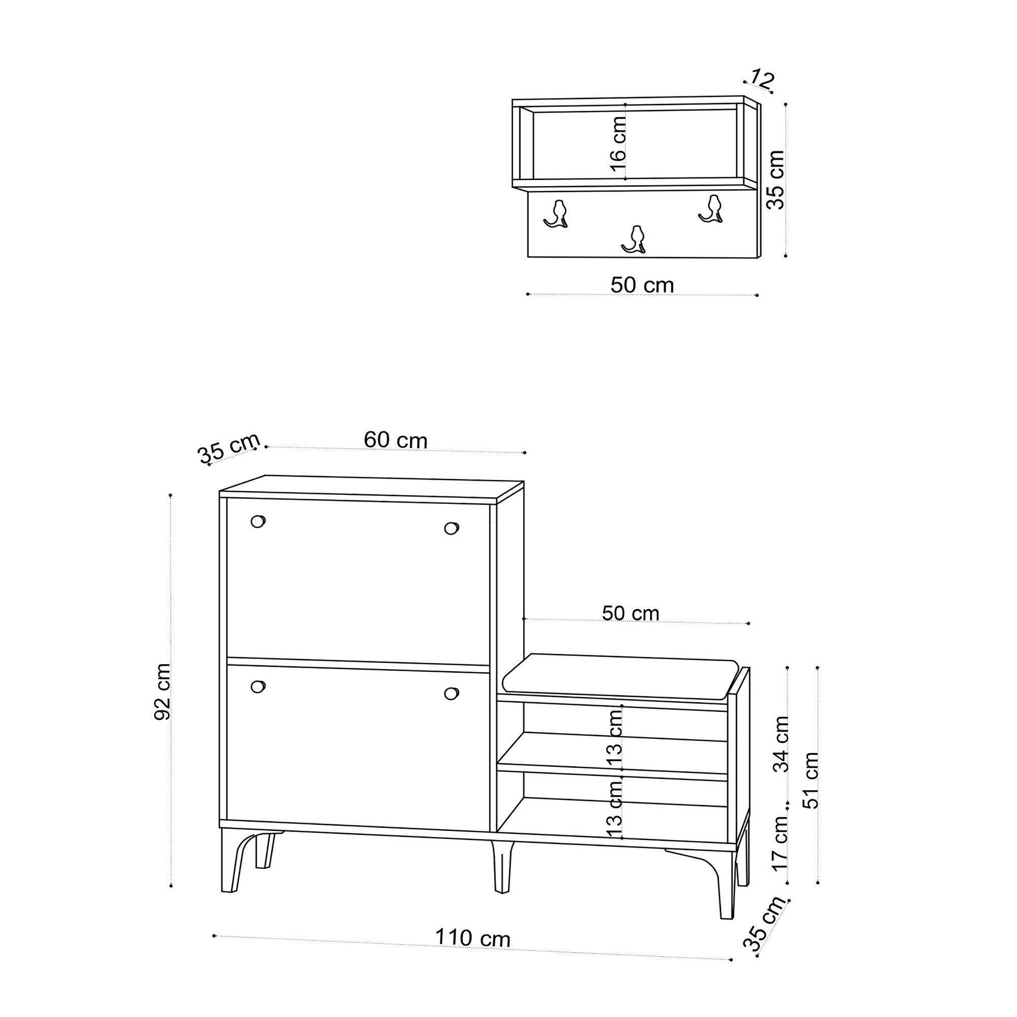 Ensemble de meuble à chaussures et étagère murale Celina L110cm Blanc Or