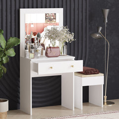 Coiffeuse 1 miroir et 1 tiroir avec tabouret Celina L65cm Blanc et Or