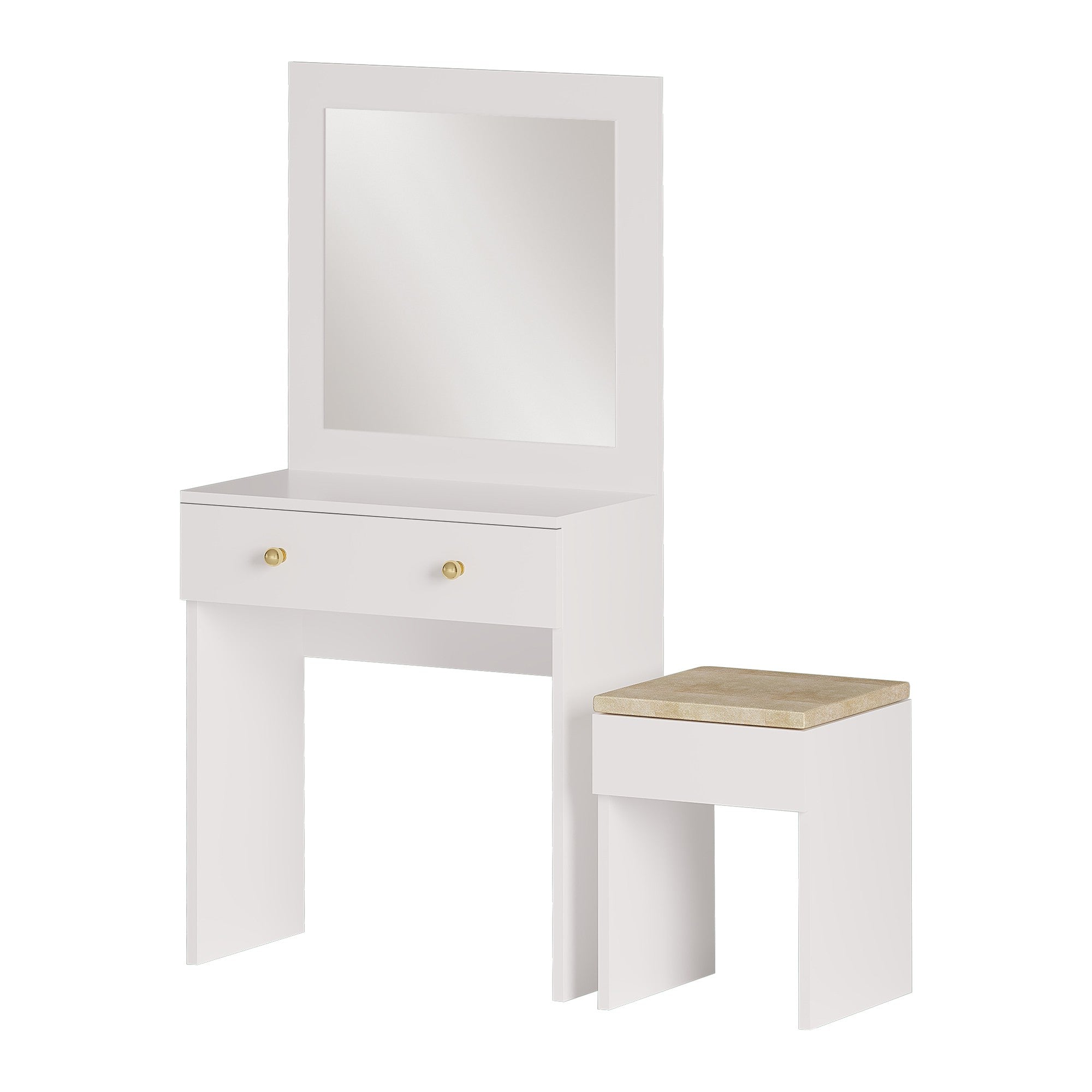 Coiffeuse 1 miroir et 1 tiroir avec tabouret Celina L65cm Blanc et Or