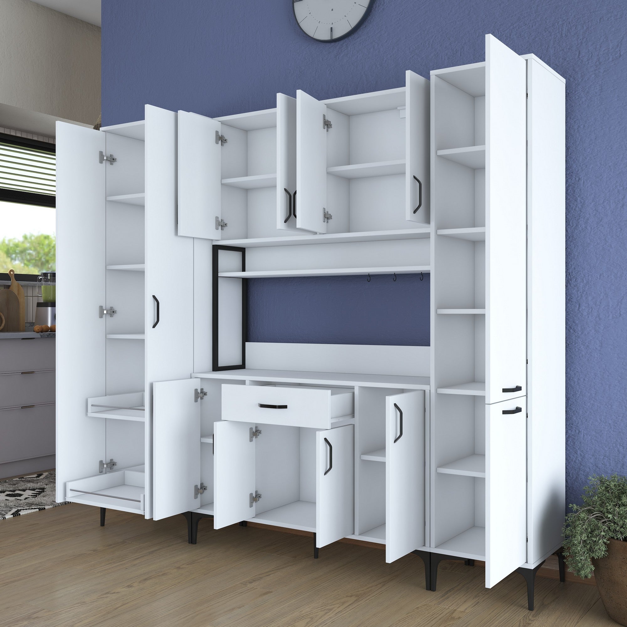 Buffet de cuisine 12 portes, étagère et tiroir Ariane L220cm Blanc