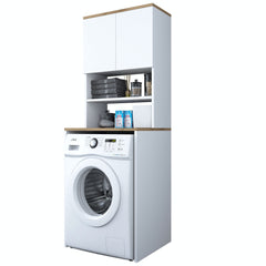 Meuble machine à laver 2 niveaux Donny L65xH183,6cm Blanc et Bois naturel