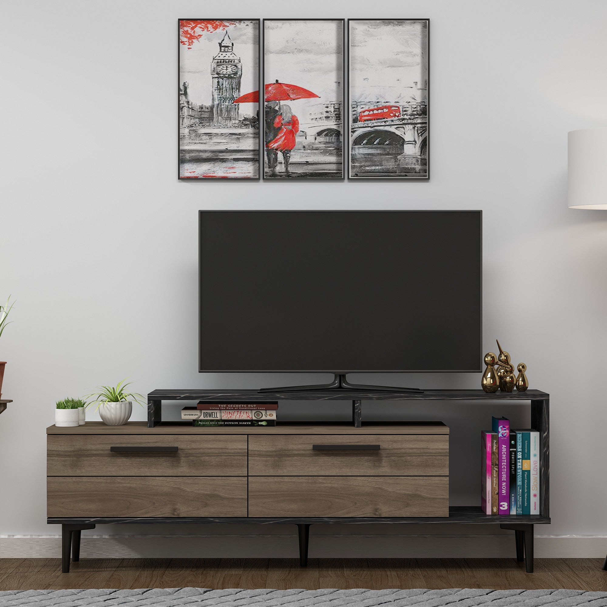 Meuble Tv Zava L150cm Bois foncé et Effet marbre Noir