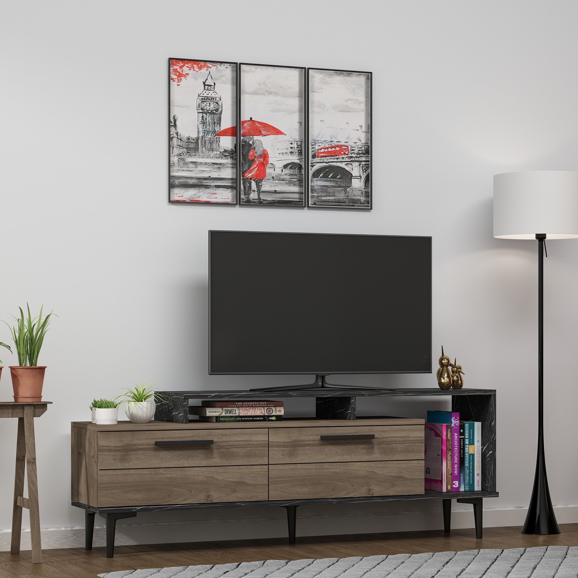 Meuble Tv Zava L150cm Bois foncé et Effet marbre Noir