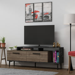 Meuble Tv Zava L150cm Bois foncé et Effet marbre Noir