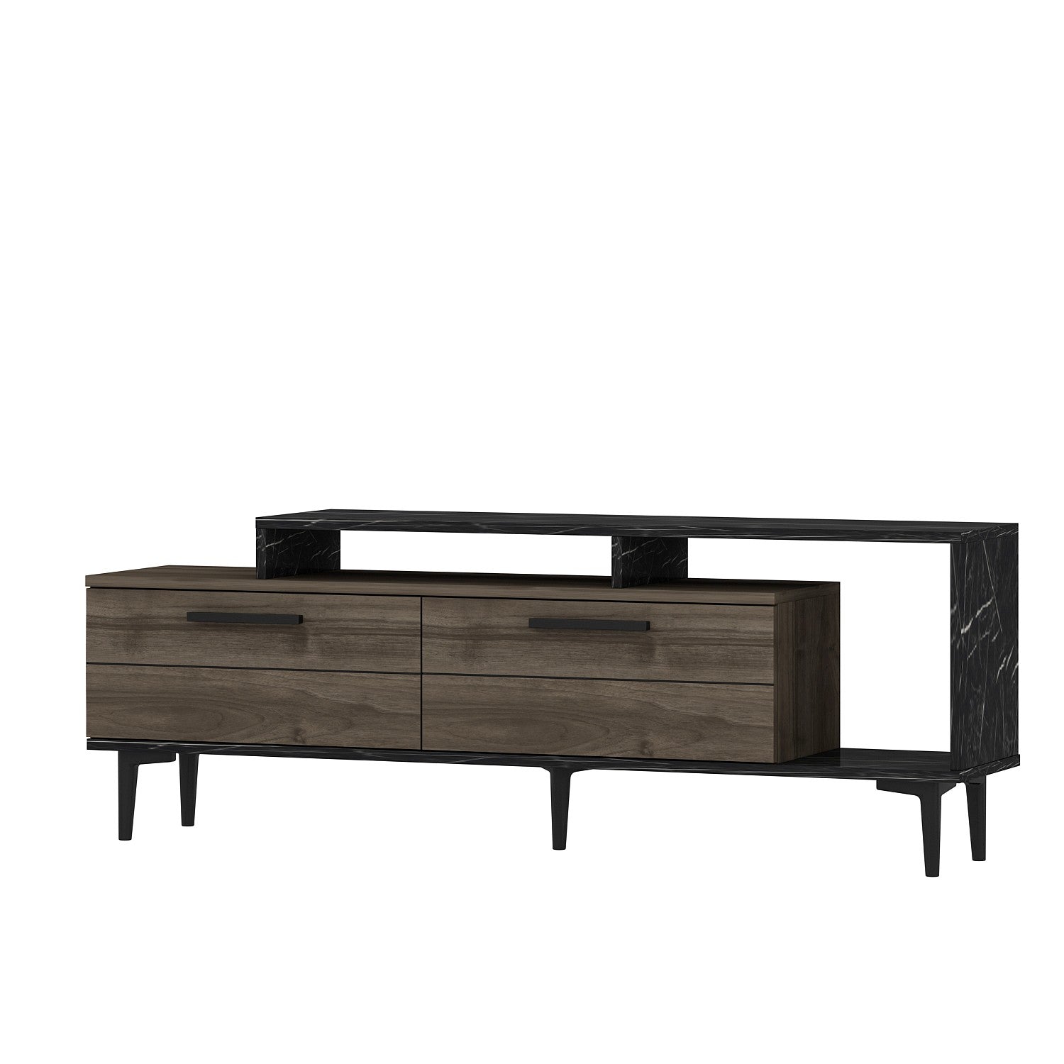 Meuble Tv Zava L150cm Bois foncé et Effet marbre Noir