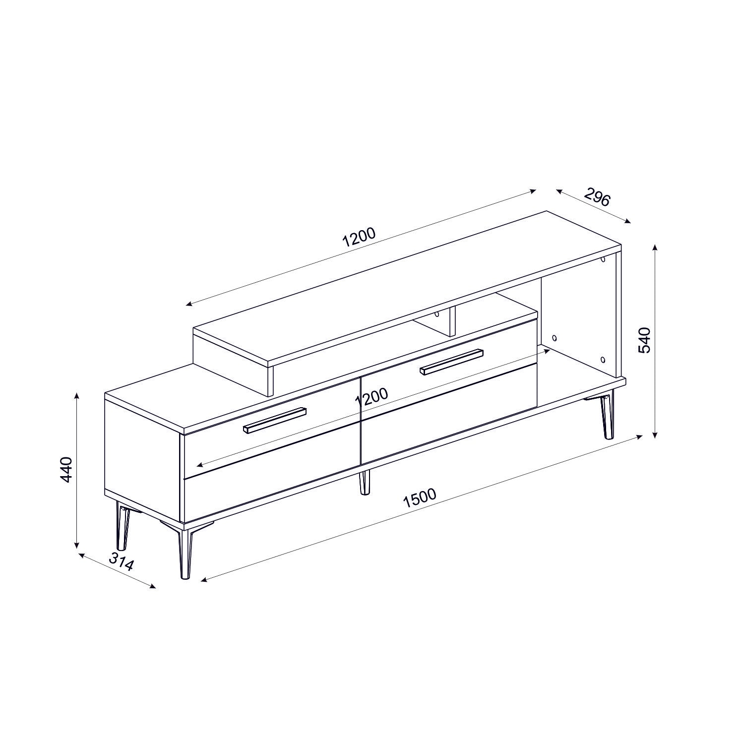 Meuble Tv Zava L150cm Bois foncé et Effet marbre Noir