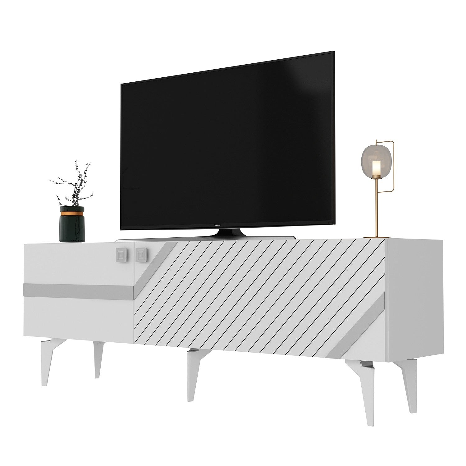 Meuble TV style art déco Ekizio L150cm Blanc et Effet miroir Argent