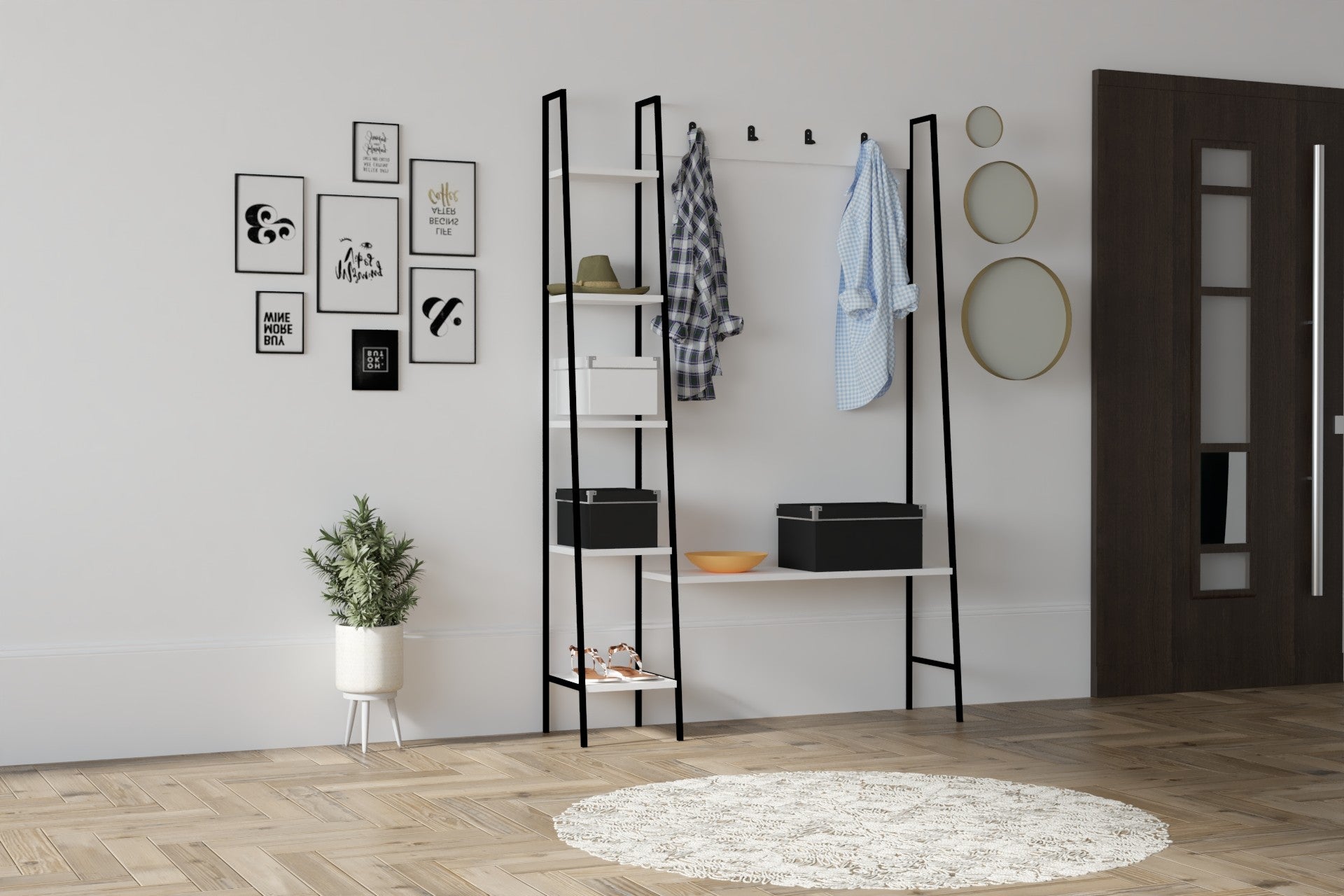 Meuble d'entrée style industriel Duko L120cm Métal Noir et Bois Blanc