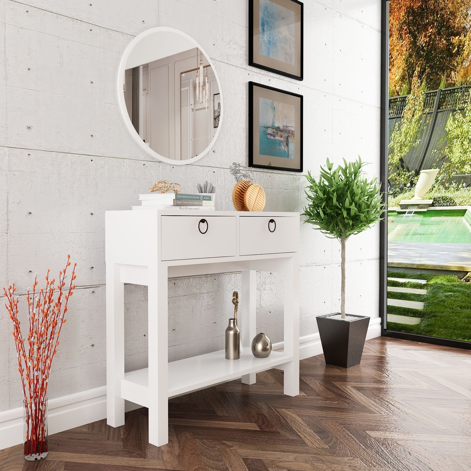 Console avec rangement avec miroir Noar Blanc