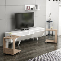 Ensemble Meuble TV 2 portes avec 2 tables d'appoint à roulettes et étagère murale Bigel Bois Naturel et Blanc