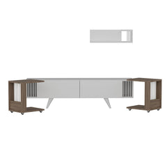 Ensemble Meuble TV 2 portes avec 2 tables d'appoint à roulettes et étagère murale Bigel Bois Naturel et Blanc