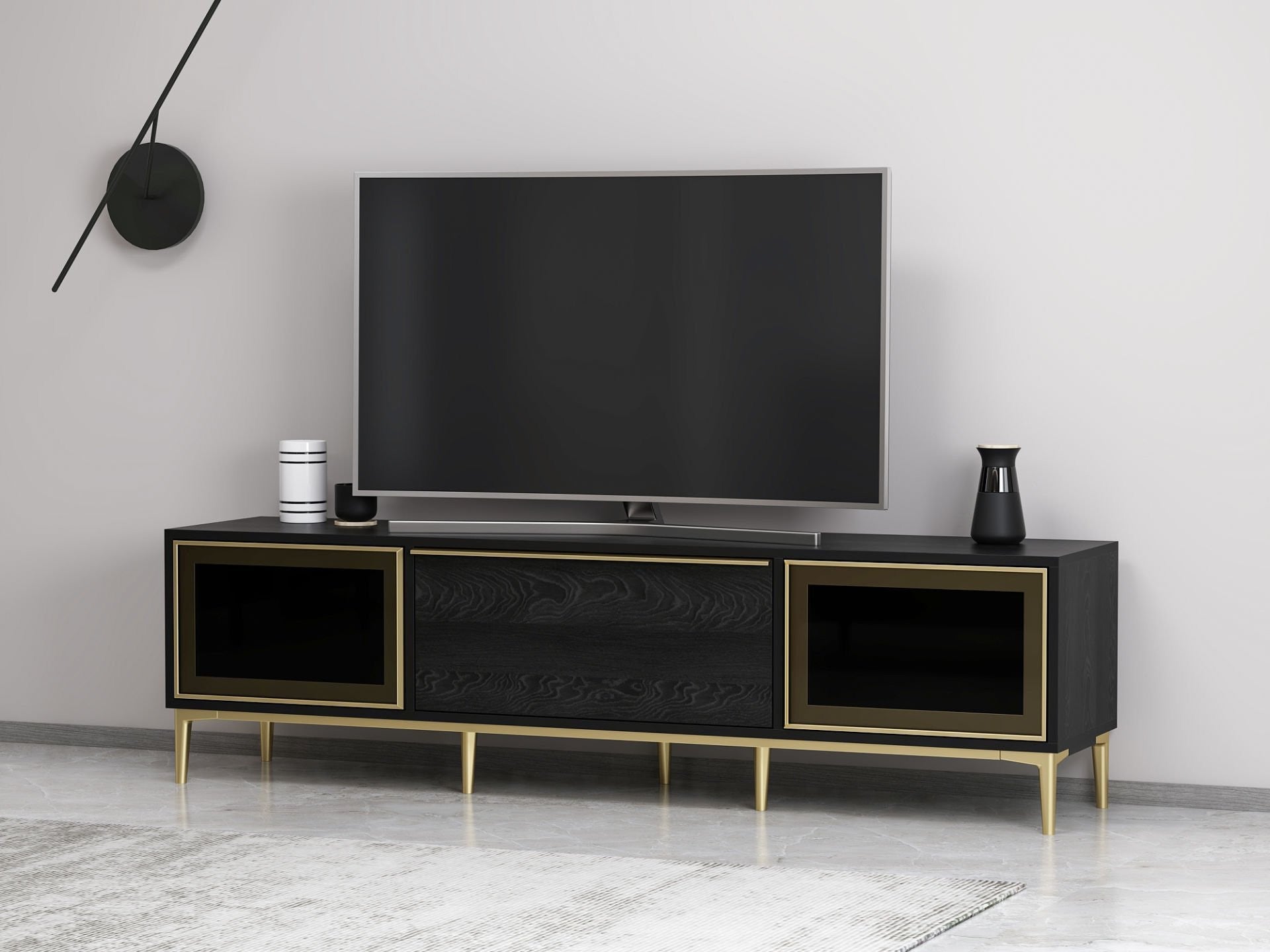 Meuble TV moderne 2 portes vitrées Bakita L180cm Noir et Or