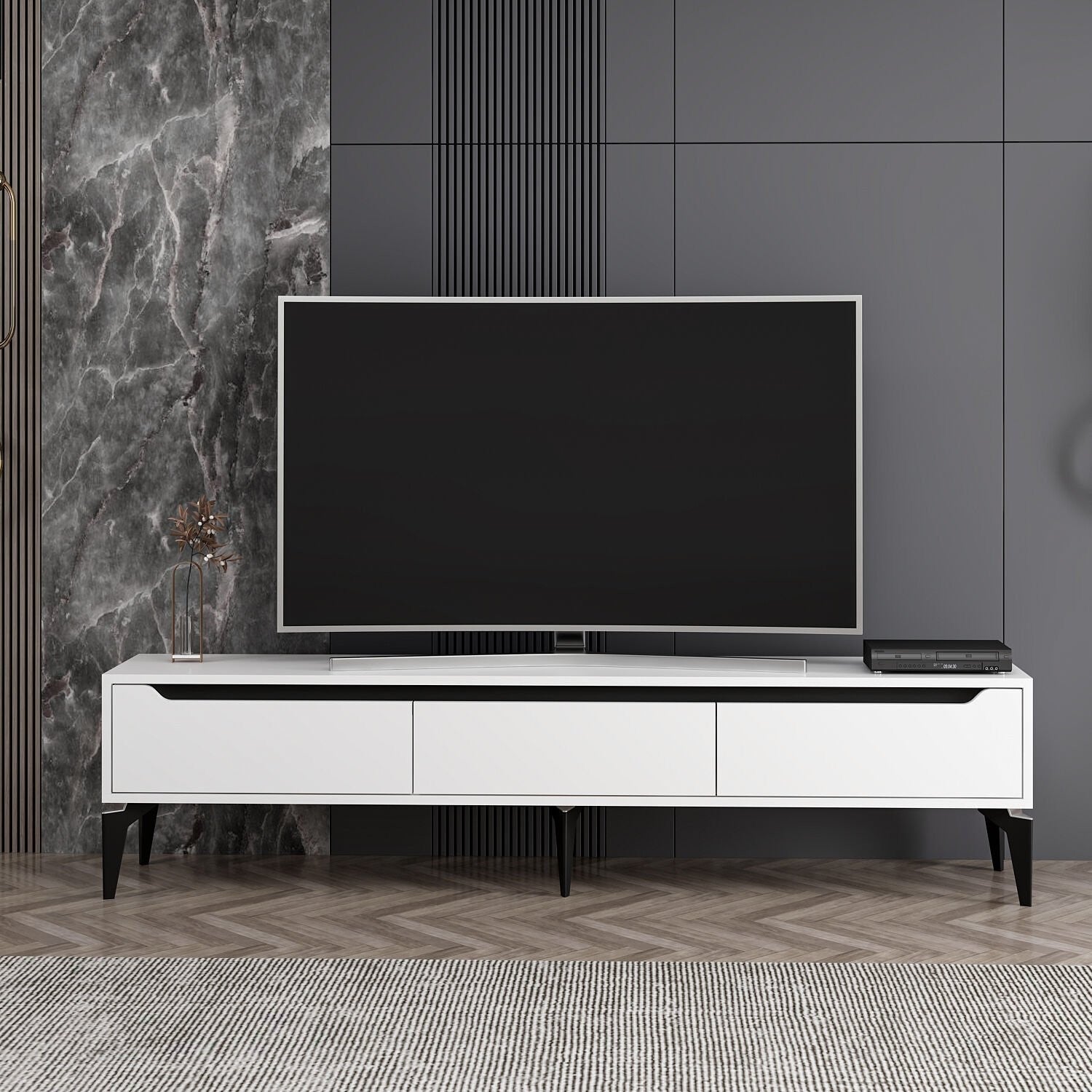 Meuble TV moderne Renet L180cm Blanc et Noir