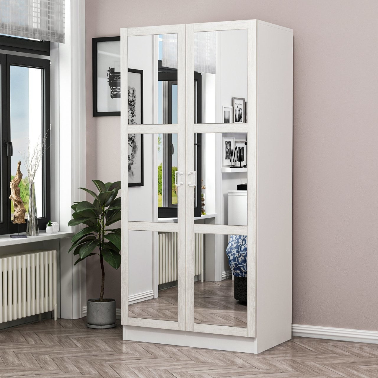 Armoire 2 portes et 6 miroirs Parai L90xH190cm Blanc