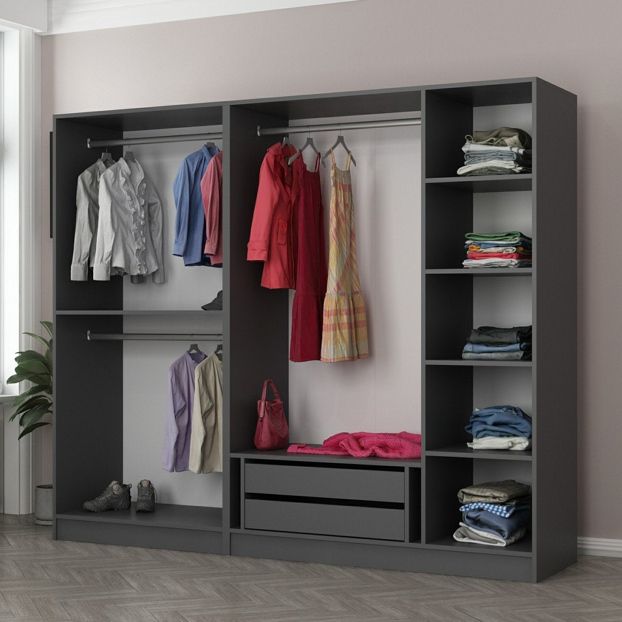 Armoire ouverte Antipax L225xH190cm 3 tringles et 2 tiroirs Anthracite